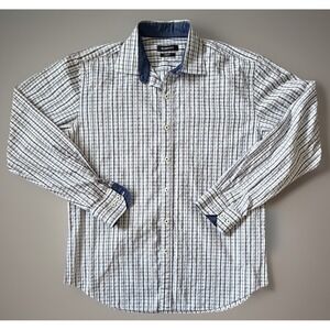 Bugatchi Long Sleeve Button Down Shirt White Blue Black Check XL JBHS